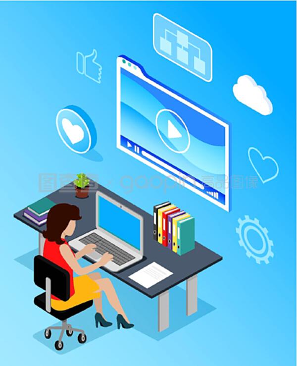 工作場(chǎng)所的商業(yè)網(wǎng)絡(luò)通信。辦公室使用手提電腦無(wú)線設(shè)備的女性。藍(lán)色的媒體顯示和互聯(lián)網(wǎng)圖標(biāo)像和云。PC向量的數(shù)字營(yíng)銷專家。計(jì)算機(jī)向量的數(shù)字營(yíng)銷專家